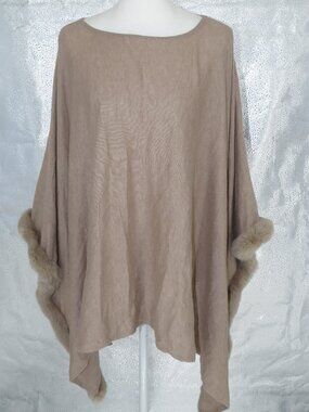 DANA STEIN PONCHO TAUPE OS Real Rex Rabbit Fur Trim Silk Knit Cape QuietLuxury